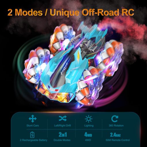 AEROQUEST 2 en 1 Coches de Acrobacias Control Remoto, Coche de deriva 4WD RC con Sonido Luz y Rociador 360? Rotativo Coches Recargables de Juguetes Geniales para Ninos y Ninas 6 7 8 9 10 11 12 - Imagen 2