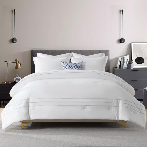 Juego de Edredones de Algodon de Fibra Larga SahSahCasa para Cama Queen, Edredon Esponjoso, Juego de Ropa de Cama de Algodon 100% para Cama Queen, Edredon Acolchado Ligero con Bordado a Rayas, 90" x 90", 3 piezas, Blanco - Imagen 2