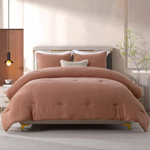 Juego de edredon de algodon SahSahCasa tamaño King, edredon de textura de gasa suave tamaño King, juego de cama de lujo acolchado y esponjoso de todas las estaciones, edredones y alternativas abajo, 3 piezas, Rojo Polvoriento