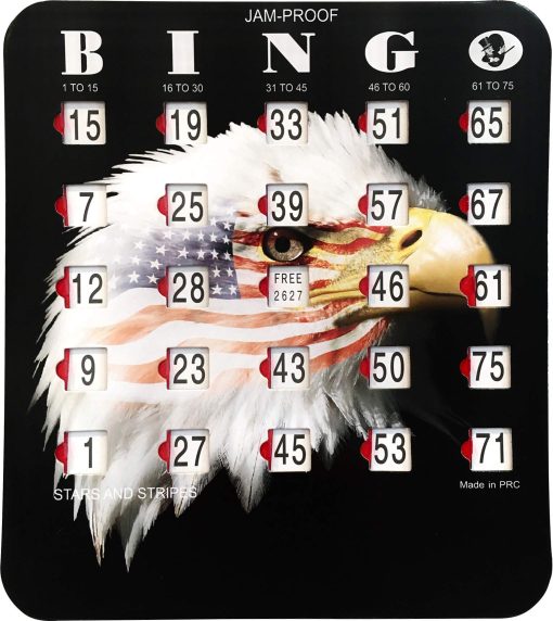 MR CHIPS Tarjetas de Bingo a Prueba de Atascos con Ventanas Deslizantes - Paquete de 100 en Diseno de Estrellas y Rayas