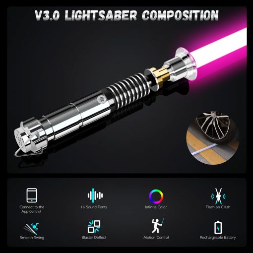 ELESKOCO Smooth Swing Luke V3.0 Lightsaber, Luz de Sable de Luz con Control de APP Cambio Infinito de 16 Colores, Sables de Luz de Combate con Sensor de Movimiento Premium Metal 16 Sonidos Espada de Luz para Adultos y Adolescentes Regalo - Imagen 7