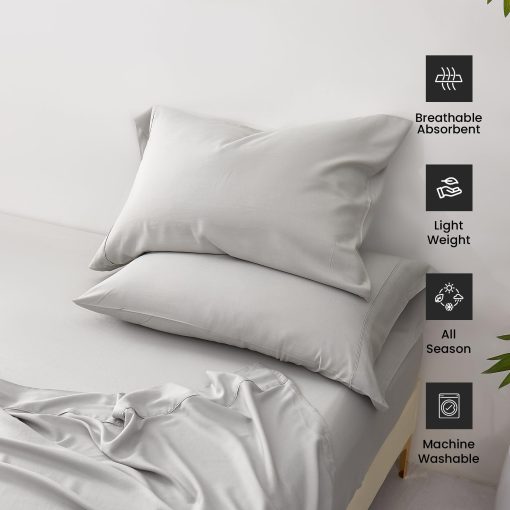 Sabanas de Bambu y Lino Nueva Temporada - Tamano Queen, 80% Bambu 20% Lino, Juego de 4 Piezas de Sabanas de Bambu - Sabana Ajustable de 15" Bolsillo Profundo, Sabana Plana, 2 Fundas de Almohada (Queen, Gris) - Imagen 4