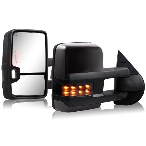 Espejo de remolque para Silverado Sierra - Espejo de remolque Chevy Silverado GMC Sierra 2007-2013 con vidrio calefactado de ajuste electrico, luz de senal de giro, lampara de respaldo extensible, par pintado en negro 8555