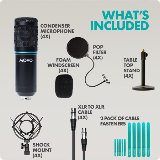 Paquete de 4 microfonos de condensador cardioides universales Movo PodPak4T para podcast - Incluye 4 microfonos, soportes de mesa, filtros pop, soportes anti-shock y cables para equipo de podcast - Imagen 6
