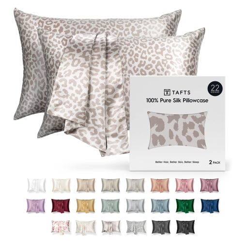 Funda de Almohada de Seda Tafts - 22mm 100% Pura Seda de Morera 6A Funda de Almohada de Seda para Cabello y Piel con Cierre de Sobre, Refrigerante, Natural, Organica, Funda de Almohada de Seda de Doble Cara (Leopardo, King 20x36, 2pc)