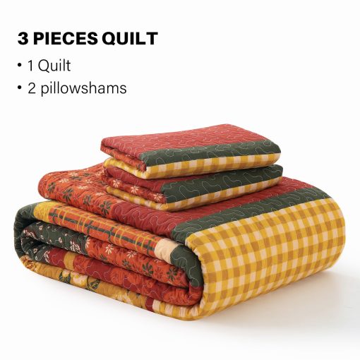 Colcha de Algodon Quilta 100% Tamano Queen - Rojo/Naranja/Amarillo - Juego de Colcha a Rayas con Patron Floral, Edredon Ligero, Cubrecama Suave para Decoracion del Hogar en Todas las Estaciones, Juego de Edredon Vintage - Imagen 5