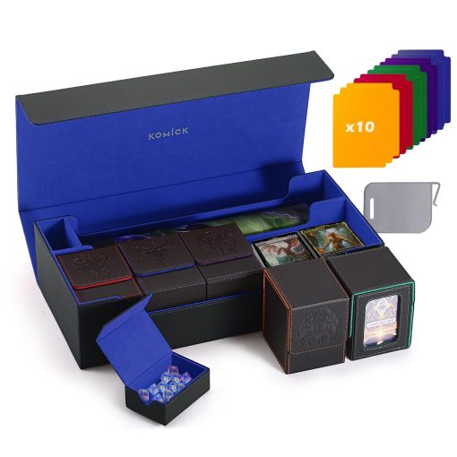 Caja Premium para Barajas MTG con Tapete y Bandeja de Dados, con Espacio para 5 Cajas de Baraja o mas de 800 Cartas con Fundas, 10 Separadores de Colores y Soporte para Cartas, Almacenamiento Duradero de Cartas para MTG, YuGiOh, TCG, Cartas Deportivas