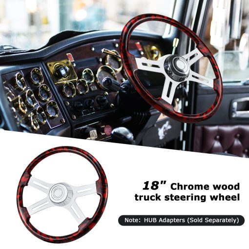 Volante de camion de madera maciza impresa en hidrografica de 18" con 4 radios de aluminio cromado para Semi-Remolques, Camiones Kenworth, Peterbilt, Volvo, Freightliner (rojo) - Imagen 4
