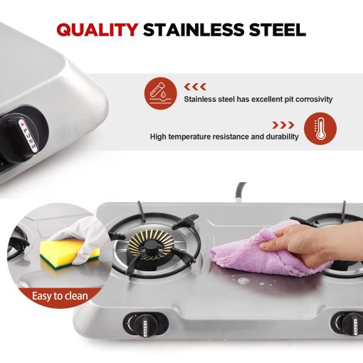 Cocina de gas propano con 2 quemadores, estufa de gas portatil de acero inoxidable con encendido automatico para acampar, doble gas LP para RV, apartamento, exterior - Imagen 4