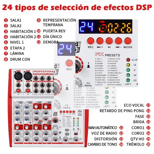 Mezcladora de sonido BOMGE de 10 entradas con preamplificadores de microfono y compresores, 24DSP, bluetooth, Alimentacion 48V, EQ britanico e Interfaz USB/Audio para grabacion, karaoke y podcast. (10M-10 Canales) - Imagen 6