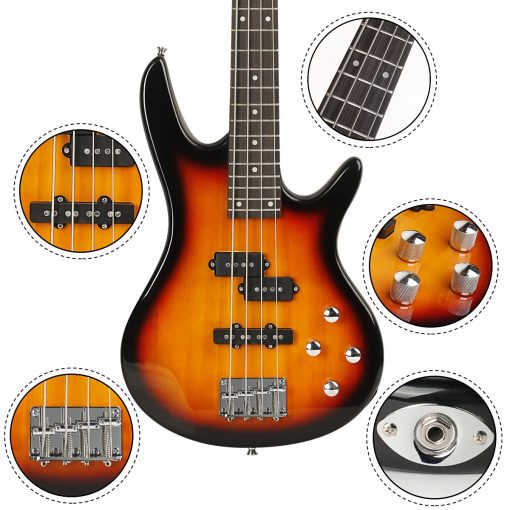 Bajo Electrico de 4 Cuerdas Tamaño Completo P Bass Kit de Inicio Negro para Principiantes con Estuche, Correa y Cable de Guitarra (Sun) - Imagen 4