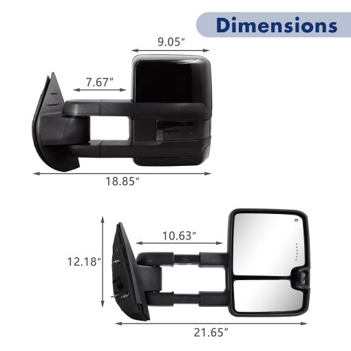 Espejo de remolque para Silverado Sierra - Espejo de remolque Chevy Silverado GMC Sierra 2007-2013 con vidrio calefactado de ajuste electrico, luz de senal de giro, lampara de respaldo extensible, par pintado en negro 8555 - Imagen 7