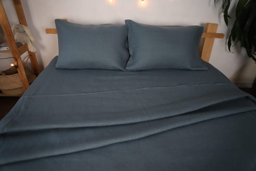 Juego de Sabanas y Fundas de Almohada de Lino WHOLEWOOLS - Sabana Bajera, Sabana y 2 Protectores de Almohada - Sabana de Cama de Lino Natural - 4 Piezas Transpirable, Ultra Suave (Twin, Azul Laguna) - Imagen 4