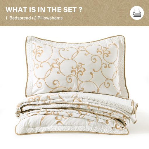 SahSahCasa 100% Algodon 128"x120" Colcha Edredon Juego de Cobertor California King XL, Colcha Cal King XL Grande Acolchada, Colcha de Cama Bordada Ligera, Beige/Blanco - Imagen 6