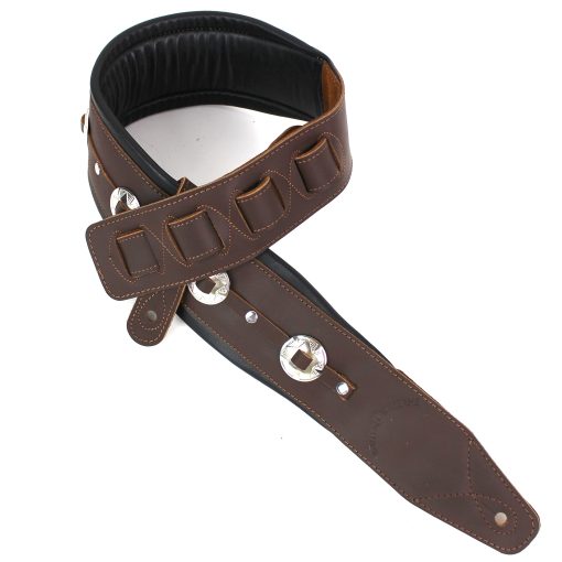 Correa de guitarra de cuero premium doble acolchada hecha a mano Walker And Williams C-44-BRN Marron con conchos para guitarras acusticas, electricas y de bajo