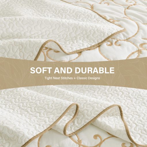 SahSahCasa 100% Algodon 128"x120" Colcha Edredon Juego de Cobertor California King XL, Colcha Cal King XL Grande Acolchada, Colcha de Cama Bordada Ligera, Beige/Blanco - Imagen 5