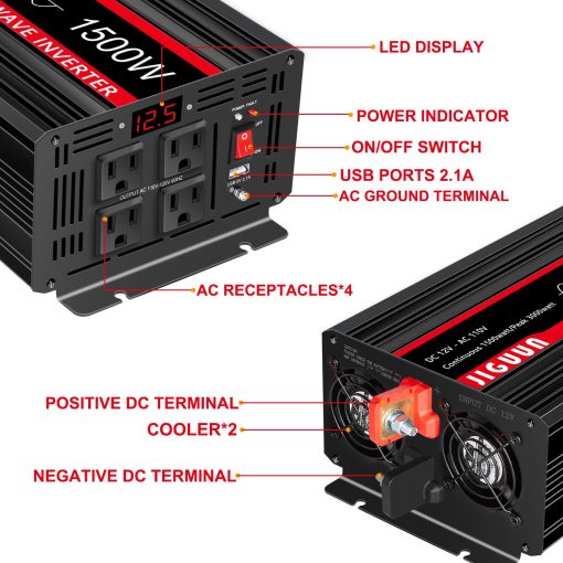 Inversor de Onda Sinusoidal Pura JIGUUN de 1500 vatios CC 12V a CA 120V, Convertidor de Coche con 4 Tomas de CA y Salida USB, Control Remoto del Inversor de Potencia para Acampar al Aire Libre RV - Imagen 6