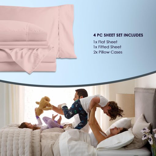 Juego de sabanas para Cama Completa de lujo de 100% Algodon Puro Pizuna en Rosa Claro, 1000 Hilos de Algodon de Fibra Larga Sabana y Funda de Almohada Gruesa, Sabanas Profundas se ajustan a 15" (Conjunto de sabana y funda de almohada de algodon peinado) - Imagen 4