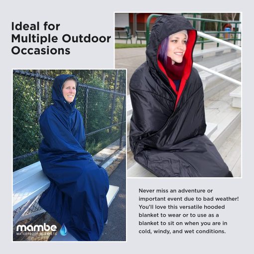 Manta con capucha Mambe Small Extreme Weather Negra - 100% impermeable y a prueba de viento con bolsa de transporte premium - Perfecta para estadios y actividades deportivas - Fleece lavable a maquina - Imagen 5