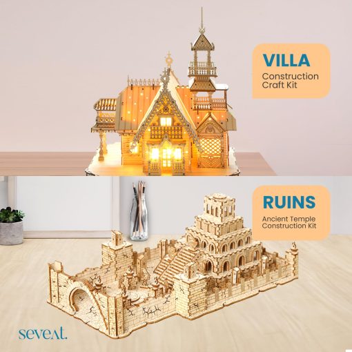 Rompecabezas de madera 3D Seveat para adultos - Kit de modelo de 235 piezas de Ruinas de Templo Antiguo DIY, Juego de rompecabezas desafiante para cualquier ocasion, Regalo ideal para adolescentes y adultos (Ruinas) - Imagen 3