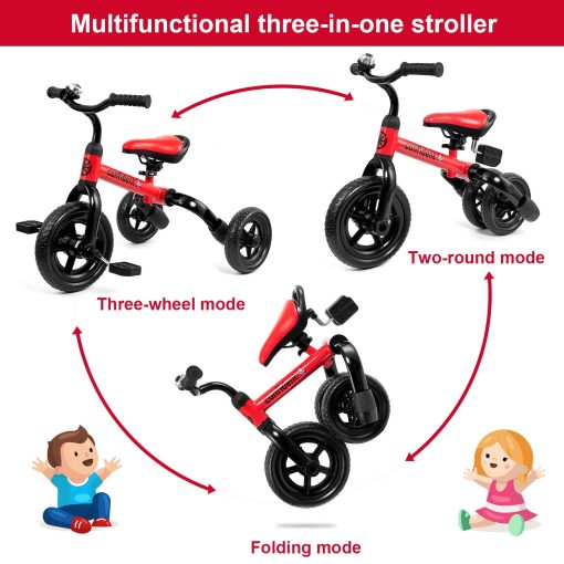 Triciclo 3 en 1 Ancaixin para Niños de 2 a 5 Años con Pedal Desmontable y Campana | Bicicleta de Equilibrio Plegable para Niños | Regalo Ideal para Bebes Rojo - Imagen 3