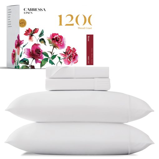 Juego de Sabanas King Size de Algodon Egipcio Carressa Linen - 1200 Hilos 4 Piezas Juego de Sabanas King Size, Sabanas de Lujo King Size, Suaves como la Seda, Sabanas con Bolsillo Profundo que se Ajustan Hasta 18" - Blanco King