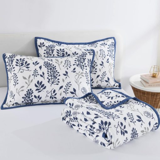 Edredon tamaño Queen LORRIARD, 100% Algodon Floral Juego de Colcha Queen, Juego de Cama Queen Azul Gris de Estilo Granja, Colcha Reversible Ligera para Todas las Estaciones, 3 Piezas - Imagen 6