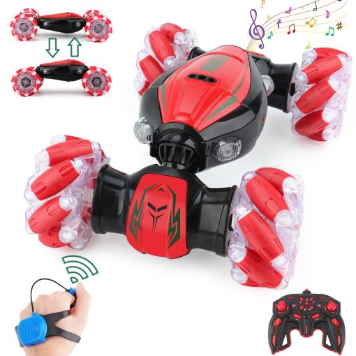 Coche de acrobacias RC con deteccion de gestos IQKidz - Rojo Navideno, Mejores Regalos de Cumpleanos para Ninos de 6-12, Juguetes de Coches de Doble Lado de Control Remoto Manual con Luz y Musica, 4x4 de Deriva Todoterreno para Rotacion