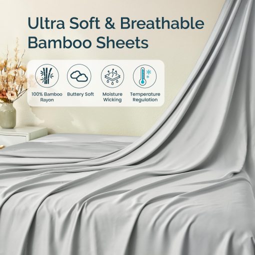 Juego de Sabanas Divididas Tamaño Split King de GOKOTTA, 5 Piezas, 100% Rayon Derivado de Bambu, Ideal para los que Duermen Calientes - Sabanas Transpirables y Suaves, Sabana Ajustable de 16" con Correas Elasticas en las Esquinas, Gris - Imagen 2