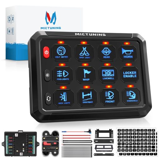 Panel de interruptores MICTUNING 12 Gang P1S-B12 Azul 80A 960/1920W Interruptor tactil ON-OFF momentaneo de control de circuito caja de reles para camper RV ATV SUV UTV Truck Car Marine, Garantia de 2 años