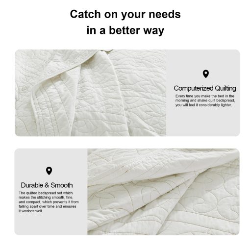 Juego de Edredon 100% Algodon PANGUSHAN Tamano King, Juego de Ropa de Cama con Patron de Bordado, Colcha Ligera de Estilo Granja, Blanco Beige Colcha Reversible para Cama King, 3 Piezas - Imagen 7