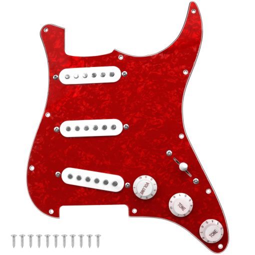 Yootones 11-Hole 3-Ply SSS Prewired Loaded Pickguard con Pastillas de Bobina Simple Compatible con Guitarra Electrica Stratocaster Squier USA/Mexico (Rojo Perla)