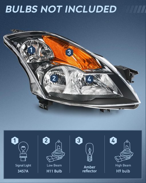 Nilight Conjunto de Faros Delanteros Compatible con 2007 2008 2009 Nissan Altima 4Dr Sedan Repuesto de Faros Carcasa Negra Reflector ambar Lente Clara Lado del Conductor y Pasajero, 2 Anos de Garantia - Imagen 2