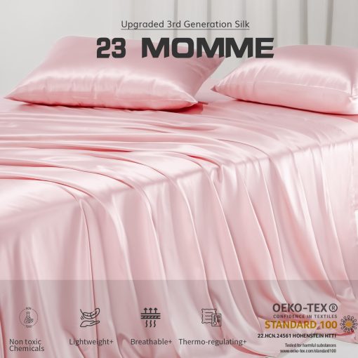 Juego de sabanas de seda Promeed mejorado de 23 mommes para cama individual XL 3 piezas, conjunto de cama de seda de mora de grado 6A+ con sabana bajera y sabana plana refrigerantes y fundas de almohada (Rosa, Individual/Individual XL) - Imagen 2