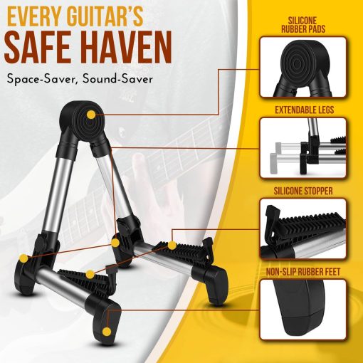 Soporte para Guitarra Plegable Ajustable de Marco en A para Guitarra Acustica Electrica Clasica y Bajo, Violin, Ukulele, Banjo, Mandolina Portatil y Ligero Flexzion - Imagen 2