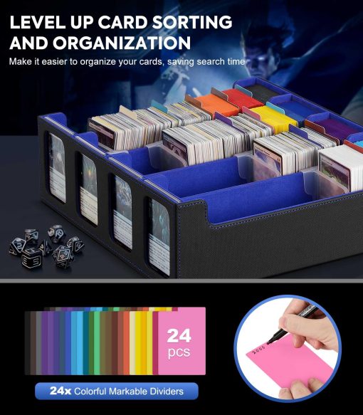 Caja de Almacenamiento de Cartas MoKo para Trading Cards, 3000+ MTG Deck Box con 24 Separadores Coloridos & 4 Soportes de Cartas, Estuche de Baraja Commander con Ventana de Exhibicion, Compatible con Cartas de Juego Magic, YugiOh, Negro Azul - Imagen 5