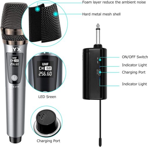 Microfono inalambrico JYX, sistema profesional de microfono dinamico de mano UHF de metal con receptor recargable de 1/4''(6.35mm), para amplificador, sistema de sonido PA, canto de karaoke, boda, fiesta, discurso, iglesia - Imagen 3