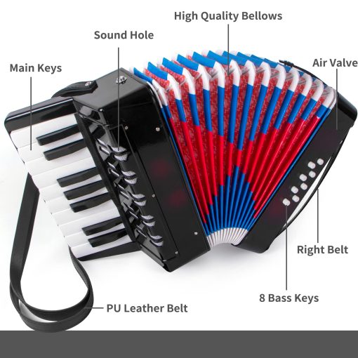 Acordeon de 17 teclas para ninos estudiantes 8 bajos con correas para principiantes instrumento musical educativo (Negro) - Imagen 7