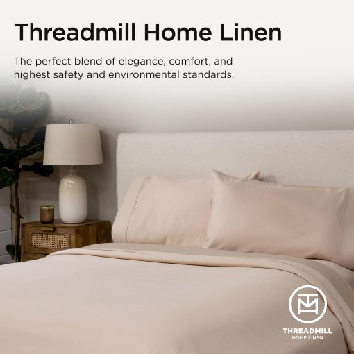 Juego de sabanas de lujo Threadmill de algodon Supima, sabanas de 1200 hilos de algodon 100% suaves para cama King, juego de sabanas King beige de 4 piezas, calidad de hotel de 5 estrellas con sabanas King de bolsillo profundo elasticizado - Imagen 8