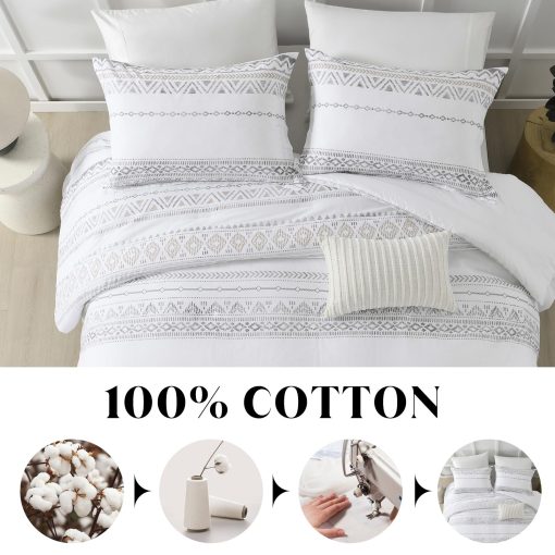Juego de Edredon CozyDH Boho Tamaño King - 100% Algodon Egipcio de Fibra Larga Diseño Moderno con Geometrico, Moderno Transpirable Ligero Juego de Ropa de Cama para Todas las Estaciones con Fundas, 90"x104", Gris/Blanco, 3 Piezas - Imagen 2