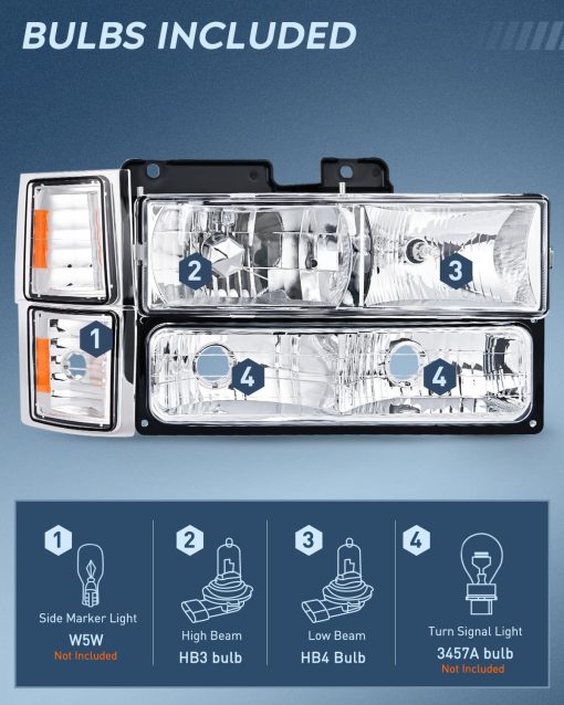 Conjunto de faros Nilight para 1994 1995 1996 1997 1998 GMC Suburban Yukon Sierra C/K Series 1500 2500 3500 Carcasa Cromada con Reflector ambar Lampara de Esquina del Parachoques, Garantia de 2 Anos - Imagen 2