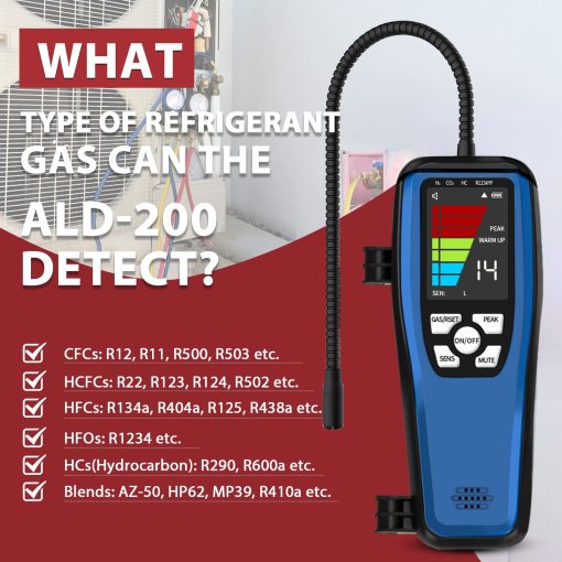 Detector de Fugas de Gas Refrigerante, Simbow LD-200 Detector de Fugas Halogenado, Detector de Fugas de Refrigerante y Probador de Fugas con Bateria Recargable para HVAC, Automovil, Refrigerador R22 R410A R134A - Imagen 3