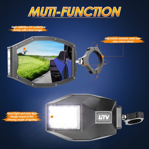 Espejos laterales para UTV Roador con luz, espejo retrovisor iluminado con luz LED para barra de 1,5"-2" RZR con luz de inundacion clara para Polaris Can Am XP 1000 Maverick X3 Yamaha SXS - Imagen 3