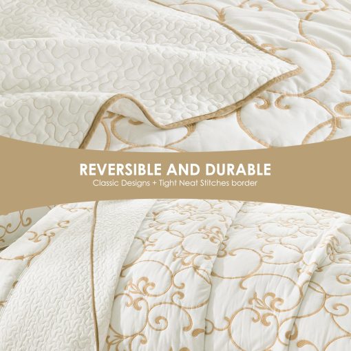 Colcha Queen Oversized QuiltEase - 120" Lx102 W - Juego de Cubrecamas de Bordado Ligero 100% Algodon - Colcha Extra Ancha Reversible - 3 Piezas - Beige/Blanco - Imagen 7