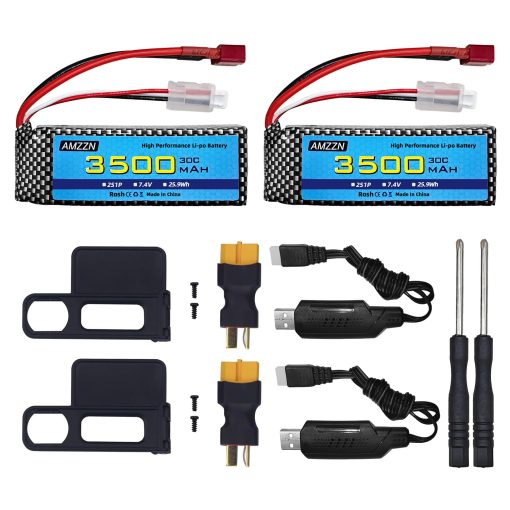 Paquete de 2 Baterias Lipo de 7.4V 3500mAh 30C con T-Plug y Cargador USB para MJX H16 H16P H16E H16GT H16BM H16DR H16PL 14301 Coche RC de Alta Velocidad Modelo de Coche de Drift Upgrade Battery (2 Baterias + 2 USB)