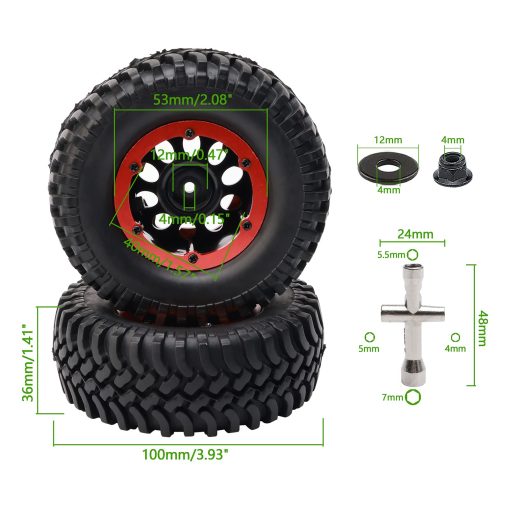 Newzoll 4-Pack 1/10 RC Crawler Neumaticos y Ruedas, Llanta de Rueda de Plastico Beadlock de 1.9 pulgadas con Cubo Hexagonal de 12mm Neumatico de Goma para Maquina de Escalada Todoterreno Fuera del Camino, Rojo - Imagen 2