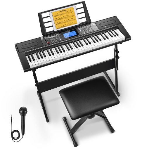 Piano de Teclado de 61 Teclas Donner, Teclado de Piano Electrico con 249 Voces, 249 Ritmos - Incluye Soporte para Piano, Banco, Microfono, Regalo para Principiantes, Negro (DEK-610S)