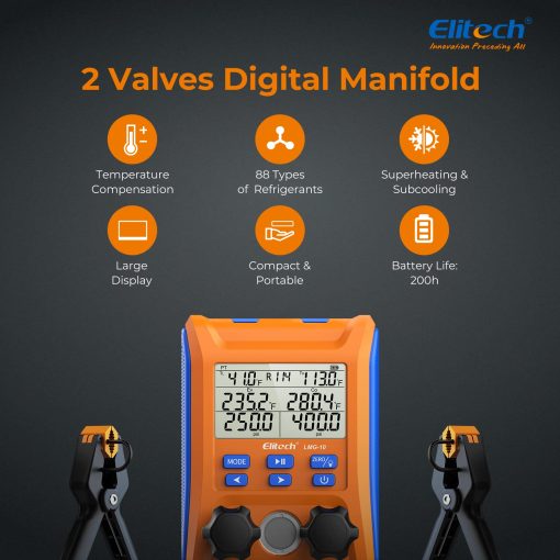 Manifold Digital Elitech con Valvula de 2 Vias y Pinzas Termometro para Sistemas HVAC, LMG-10 - Imagen 2