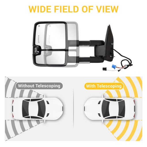 Espejos de remolque Sanooer para 2003-2007 Chevy Silverado Suburban Avalanche Tahoe GMC Sierra Yukon Cadillac Escalade con cristal electrico, luz de giro, lampara de retroceso, calefaccionados, extensibles, juego de pares - Imagen 6