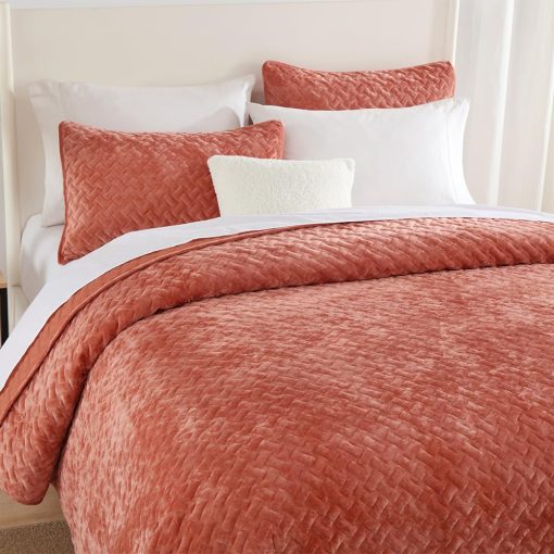 Juego de Colchas de Terciopelo Liians, Juegos de Ropa de Cama de Lujo con Terciopelo Ultra Suave y Elegante, Colchas Acolchadas de Algodon con Patron de Tejido para Todas las Estaciones, Naranja, Tamaño Queen - Imagen 4